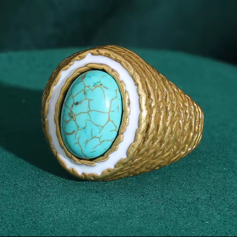 Vintage Turquoise & Enamel Gold Antique Brass Statement Ring Bold Retro Luxury